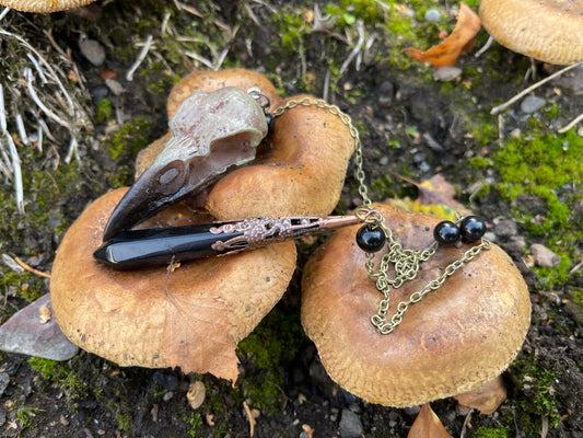 The Raven Seeker - Raven Skull Obsidian Pendulum & Pocket Keeper