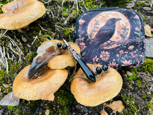 The Raven Seeker - Raven Skull Obsidian Pendulum & Pocket Keeper